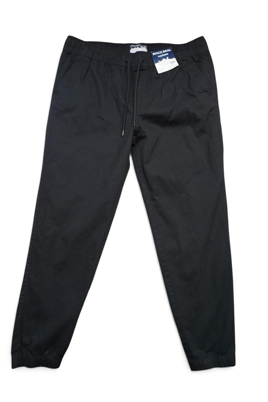 Beach Bros Pants Mens 2XL Black Jogger Washed Cotton Elastic Waist Tapered Leg